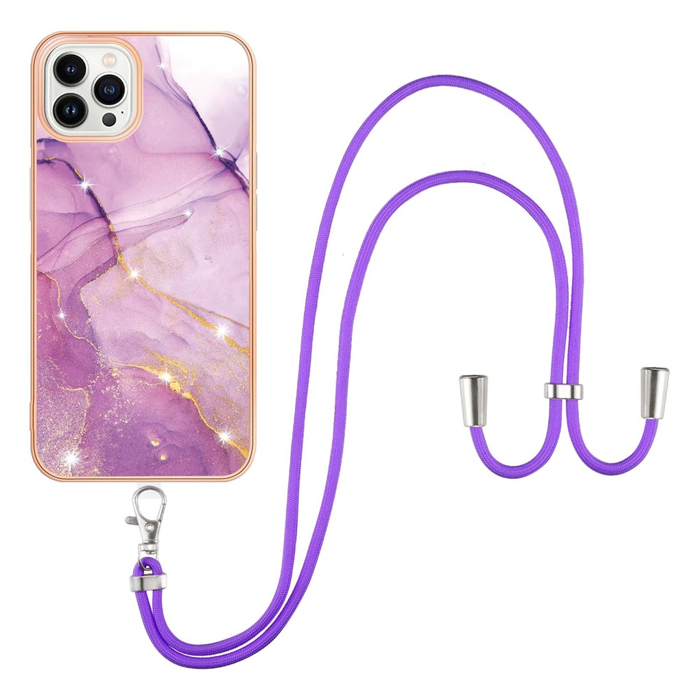 Overall Protection IML IMD Marble Pattern Electroplating Frame TPU Phone Cover Case with Adjustable Lanyard for iPhone 13 Pro Max 6.7 inch - Purple 001-1