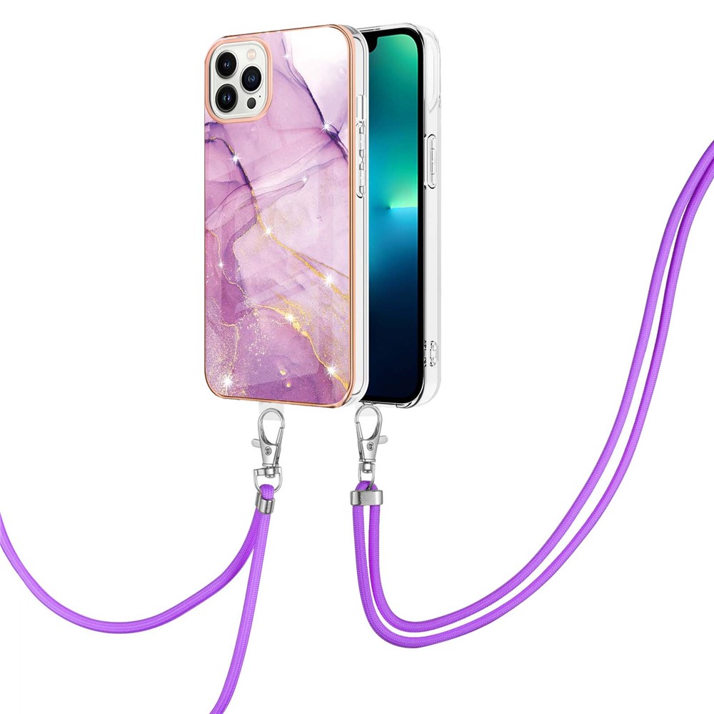 Overall Protection IML IMD Marble Pattern Electroplating Frame TPU Phone Cover Case with Adjustable Lanyard for iPhone 13 Pro Max 6.7 inch - Purple 001-2