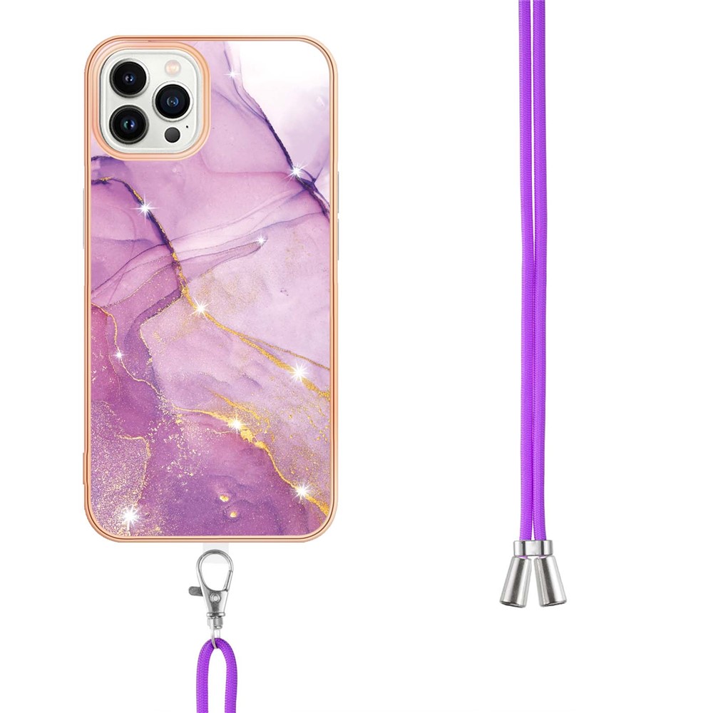 Overall Protection IML IMD Marble Pattern Electroplating Frame TPU Phone Cover Case with Adjustable Lanyard for iPhone 13 Pro Max 6.7 inch - Purple 001-3