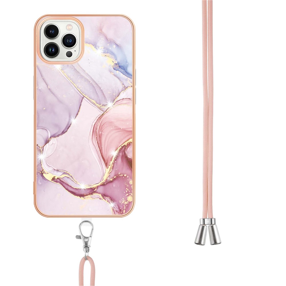 Overall Protection IML IMD Marble Pattern Electroplating Frame TPU Phone Cover Case with Adjustable Lanyard for iPhone 13 Pro Max 6.7 inch - Rose Gold 005-3