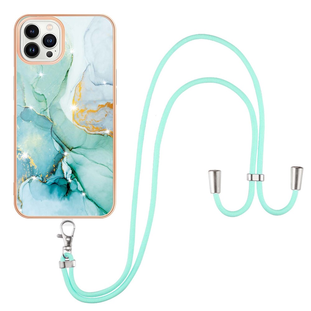 Overall Protection IML IMD Marble Pattern Electroplating Frame TPU Phone Cover Case with Adjustable Lanyard for iPhone 13 Pro Max 6.7 inch - Green 003-1