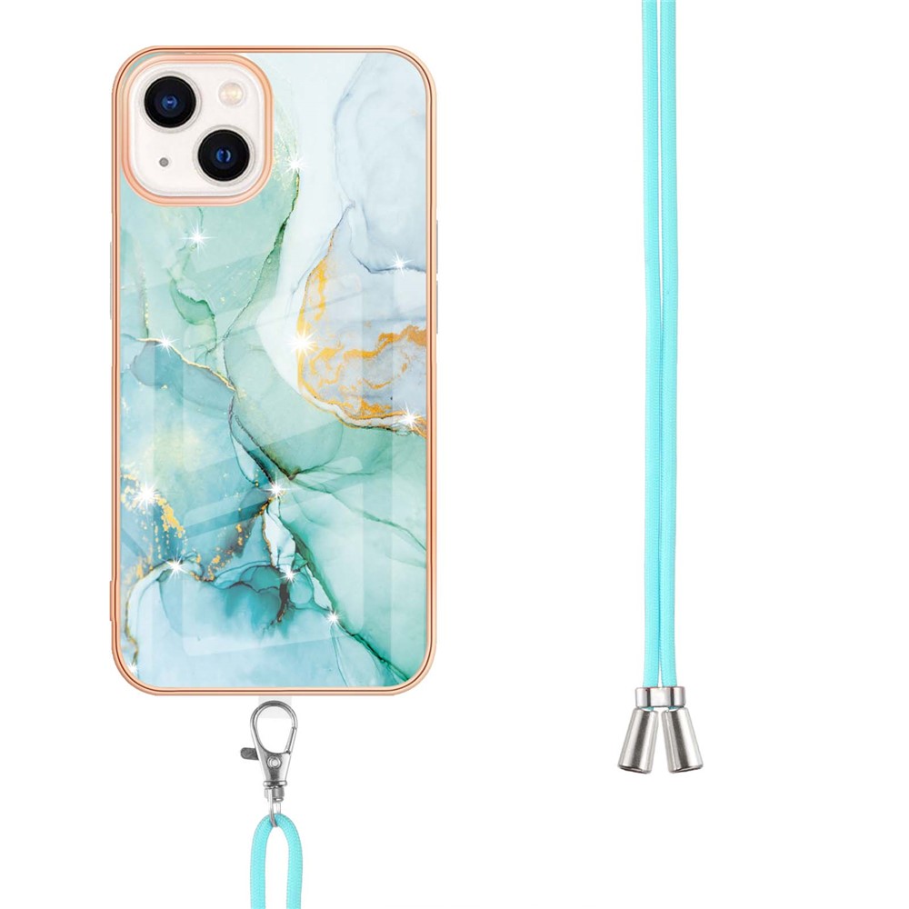 Drop Buffer IML IMD Marble Pattern Electroplating Frame TPU Phone Cover Case with Adjustable Lanyard for iPhone 13 6.1 inch - Green 003-3