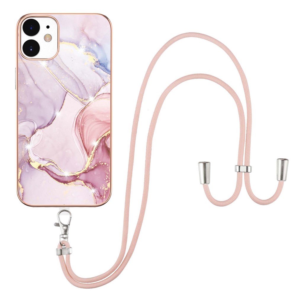 Bumper-proof IML IMD Marble Pattern Electroplating Frame TPU Phone Cover Case with Adjustable Lanyard for iPhone 12/12 Pro 6.1 inch - Rose Gold 005-1
