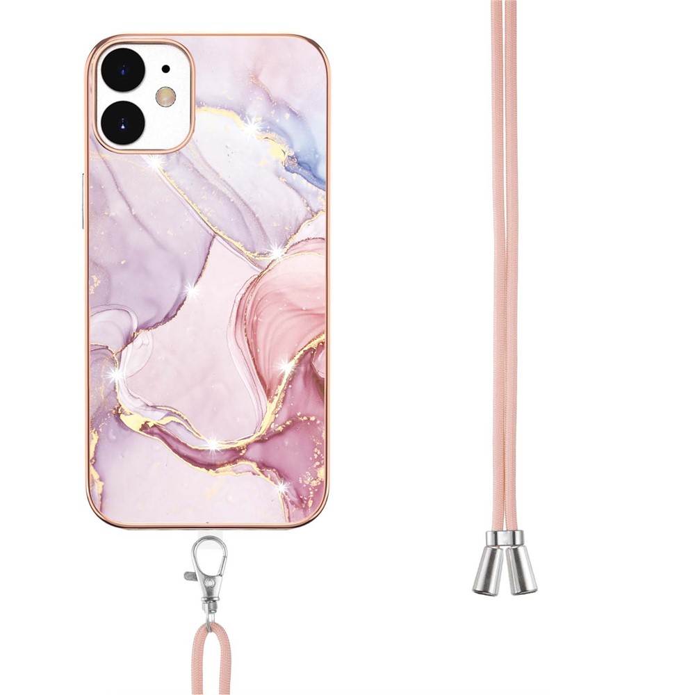 Bumper-proof IML IMD Marble Pattern Electroplating Frame TPU Phone Cover Case with Adjustable Lanyard for iPhone 12/12 Pro 6.1 inch - Rose Gold 005-3