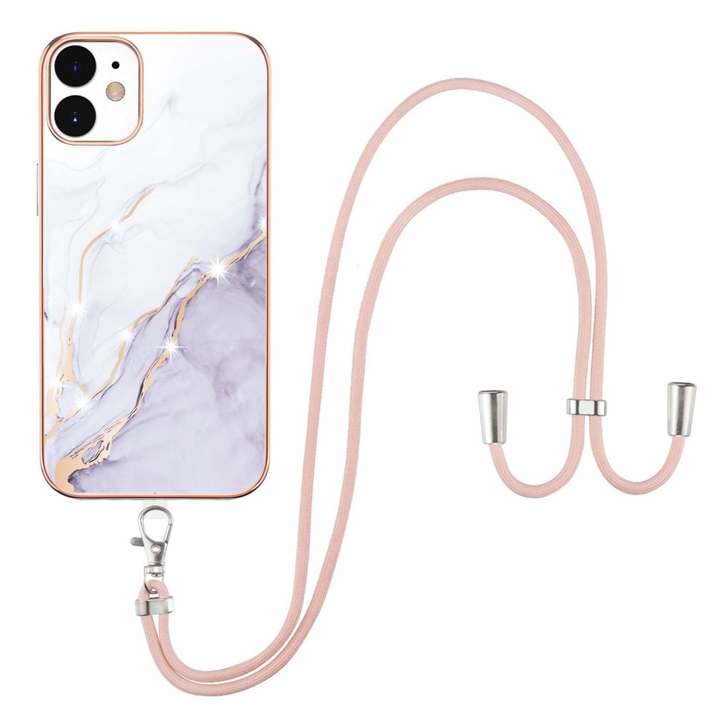 Bumper-proof IML IMD Marble Pattern Electroplating Frame TPU Phone Cover Case with Adjustable Lanyard for iPhone 12/12 Pro 6.1 inch - White 006-1