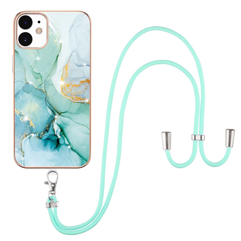Bumper-proof IML IMD Marble Pattern Electroplating Frame TPU Phone Cover Case with Adjustable Lanyard for iPhone 12/12 Pro 6.1 inch - Green 003-1