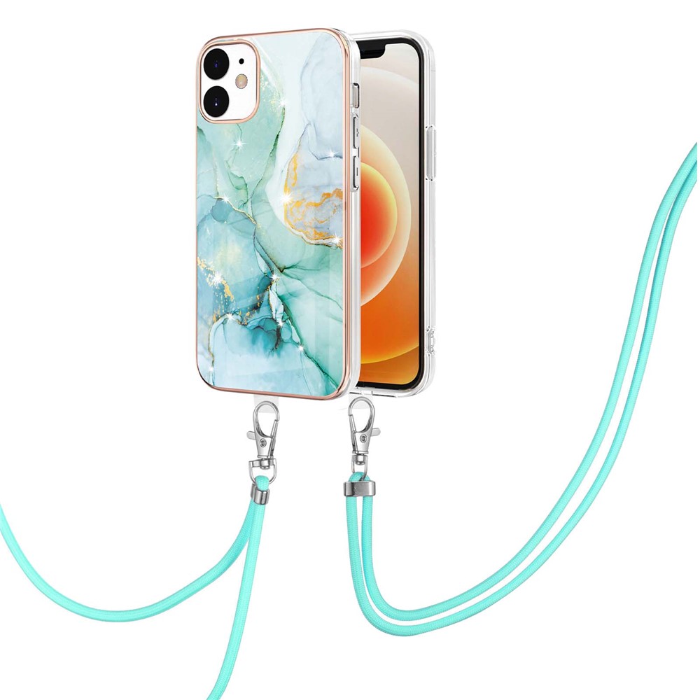 Bumper-proof IML IMD Marble Pattern Electroplating Frame TPU Phone Cover Case with Adjustable Lanyard for iPhone 12/12 Pro 6.1 inch - Green 003-2