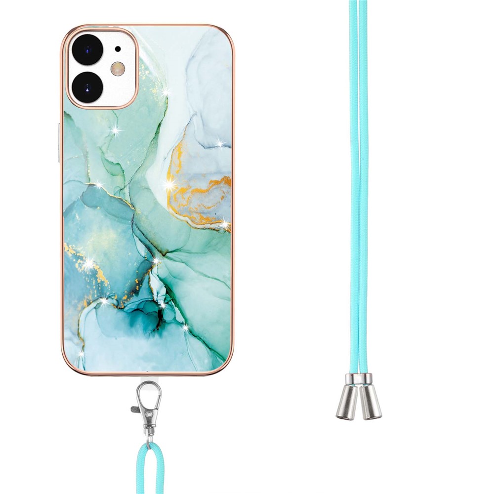Bumper-proof IML IMD Marble Pattern Electroplating Frame TPU Phone Cover Case with Adjustable Lanyard for iPhone 12/12 Pro 6.1 inch - Green 003-3