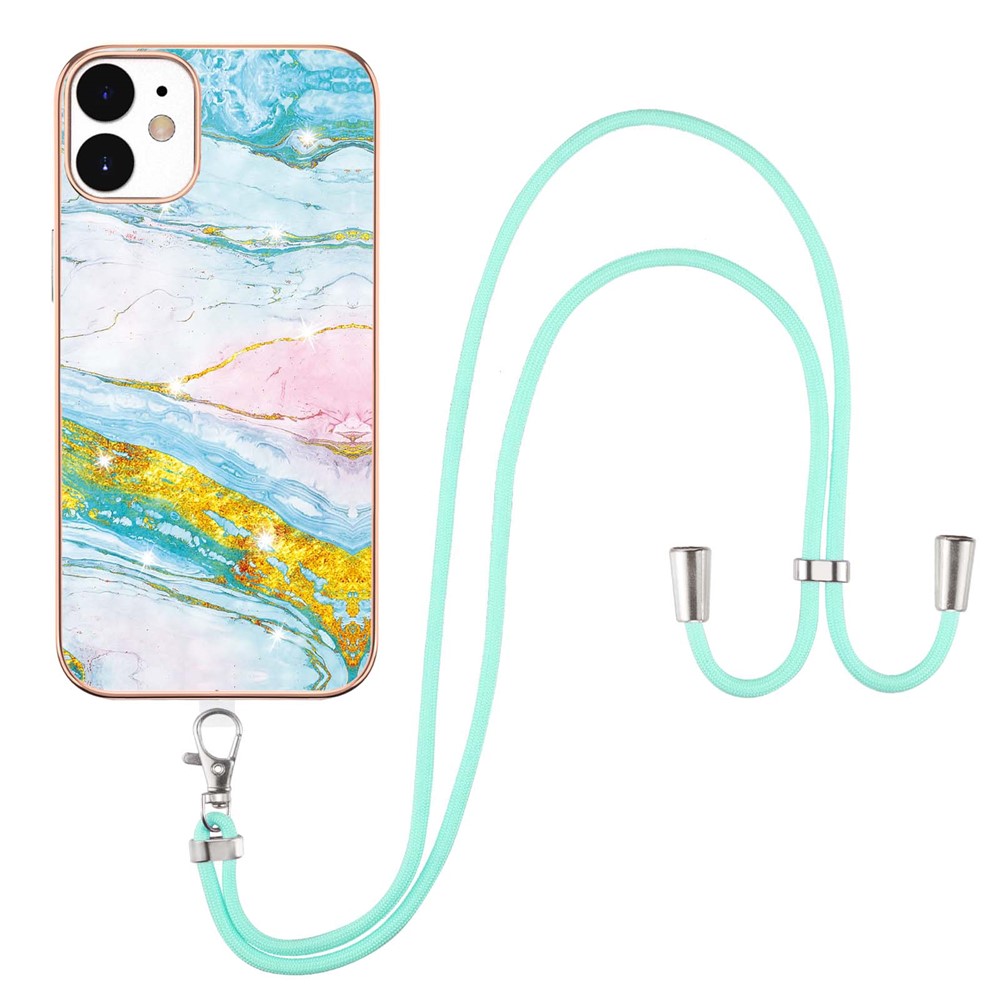 Bumper-proof IML IMD Marble Pattern Electroplating Frame TPU Phone Cover Case with Adjustable Lanyard for iPhone 12/12 Pro 6.1 inch - Green 004-1