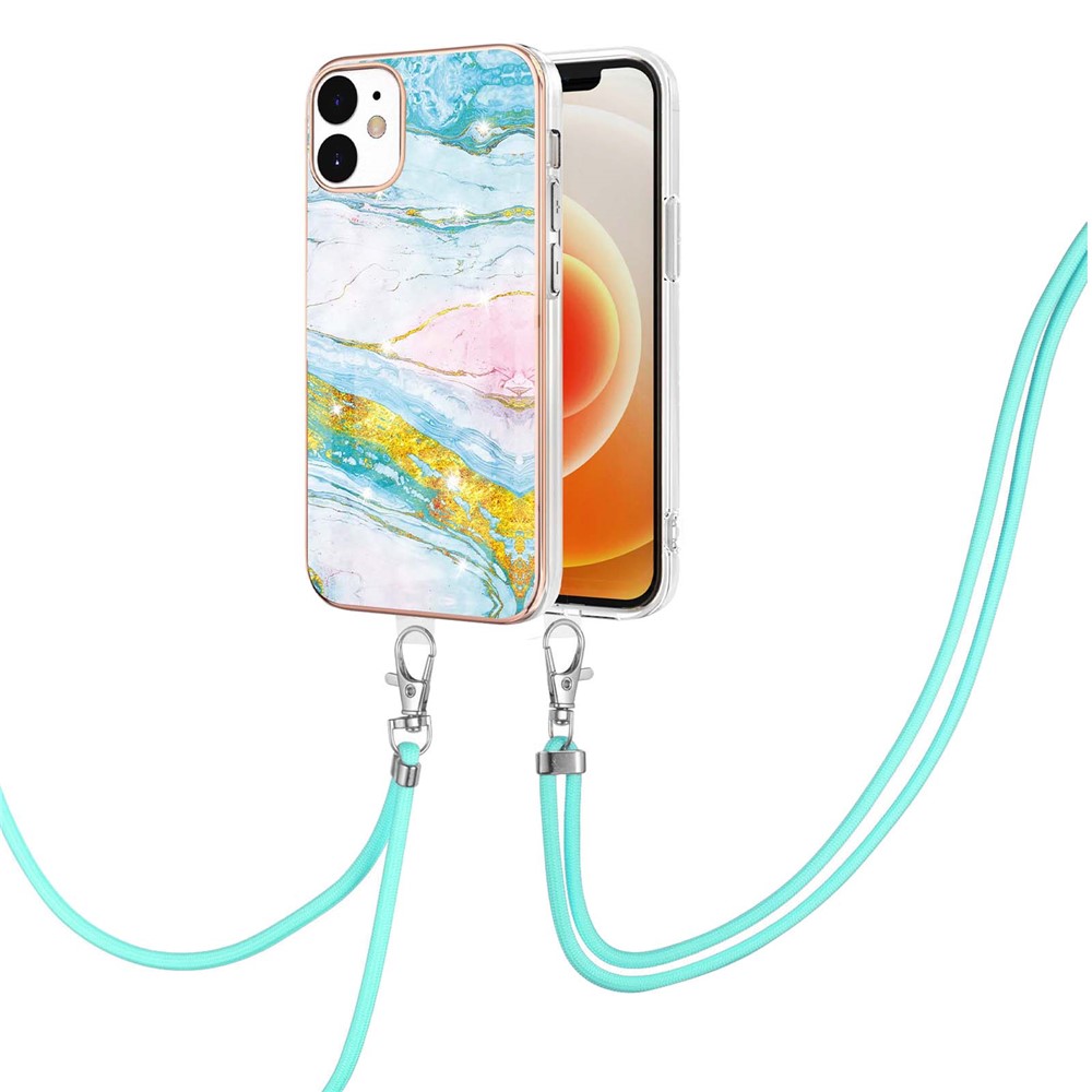 Bumper-proof IML IMD Marble Pattern Electroplating Frame TPU Phone Cover Case with Adjustable Lanyard for iPhone 12/12 Pro 6.1 inch - Green 004-2