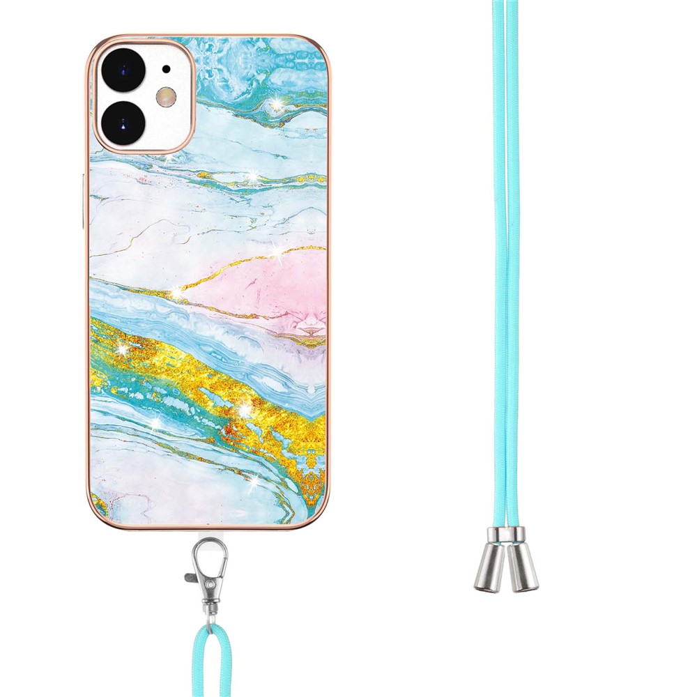 Bumper-proof IML IMD Marble Pattern Electroplating Frame TPU Phone Cover Case with Adjustable Lanyard for iPhone 12/12 Pro 6.1 inch - Green 004-3