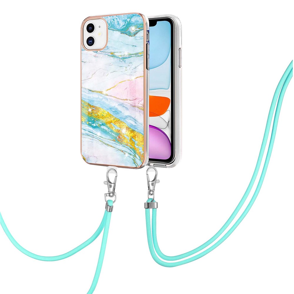 IML IMD Marble Pattern Electroplating Frame TPU Cover Cellphone Back Guard Case with Lanyard for iPhone 11 6.1 inch - Green 004-2