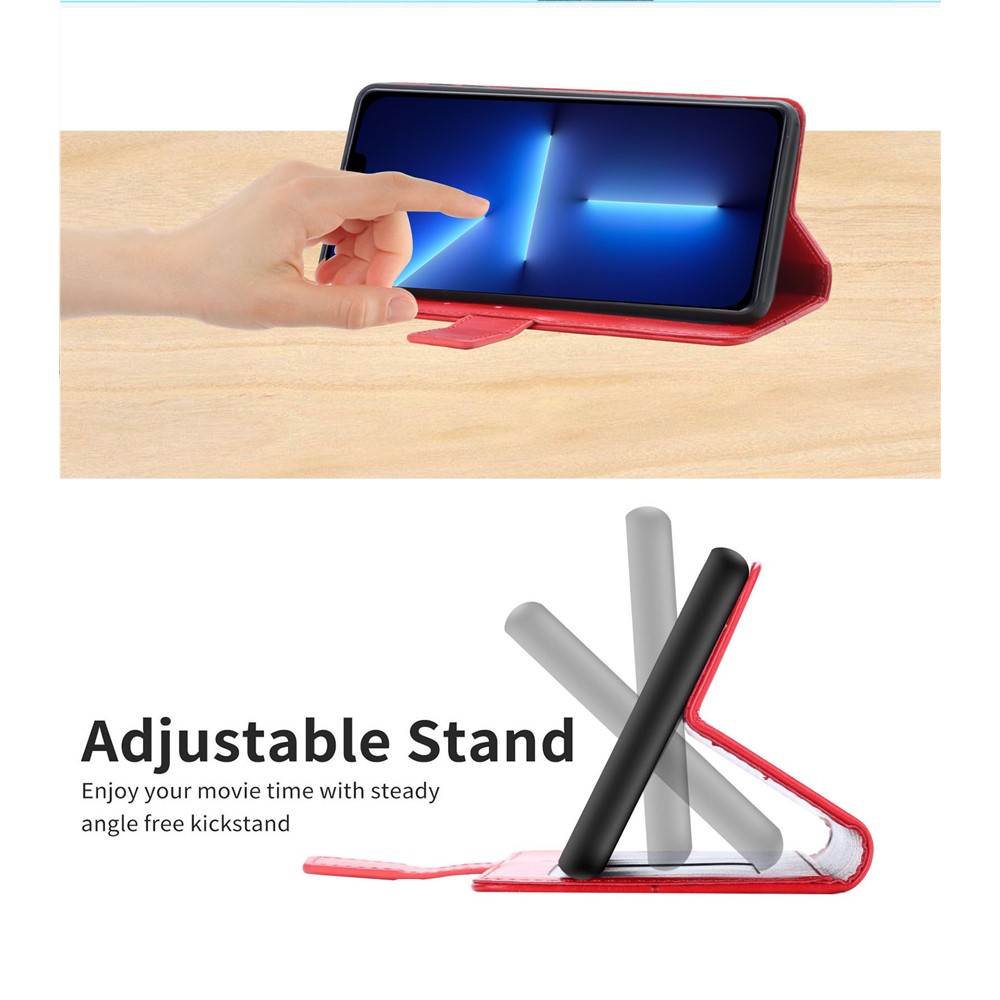 Imprinting Y-shape Line PU Leather Phone Stand Case Wallet Cover with Wrist Strap for iPhone 13 Pro 6.1 inch - Red-3
