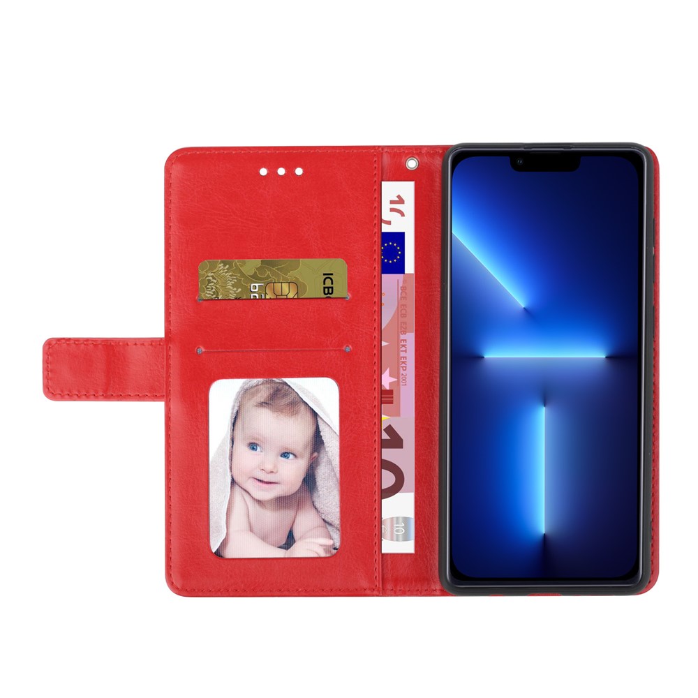 Imprinting Y-shape Line PU Leather Phone Stand Case Wallet Cover with Wrist Strap for iPhone 13 Pro 6.1 inch - Red-4