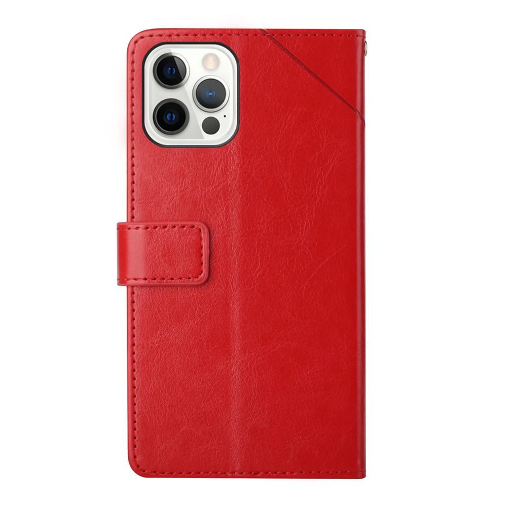 Imprinting Y-shape Line PU Leather Phone Stand Case Wallet Cover with Wrist Strap for iPhone 13 Pro 6.1 inch - Red-9