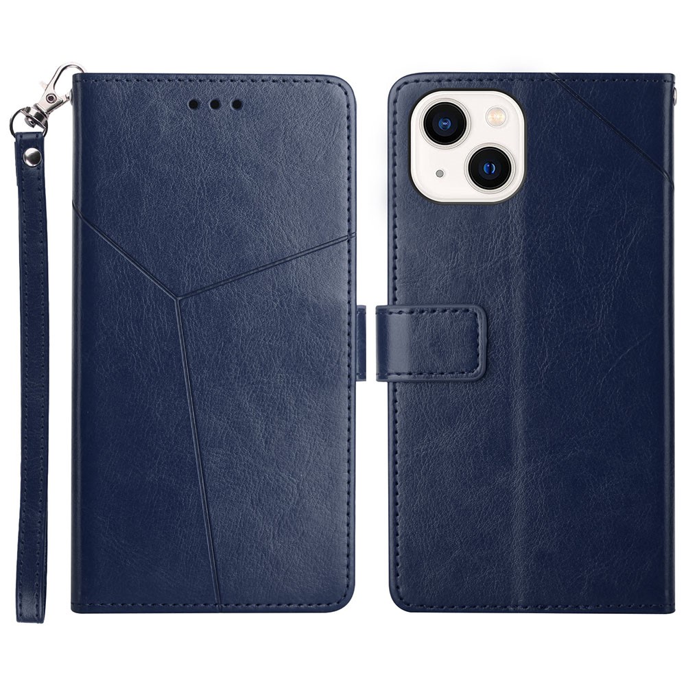 Shockproof PU Leather Phone Case Y-shaped Line Imprinting Wallet Shell Stand Cover for iPhone 13 mini 5.4 inch - Blue