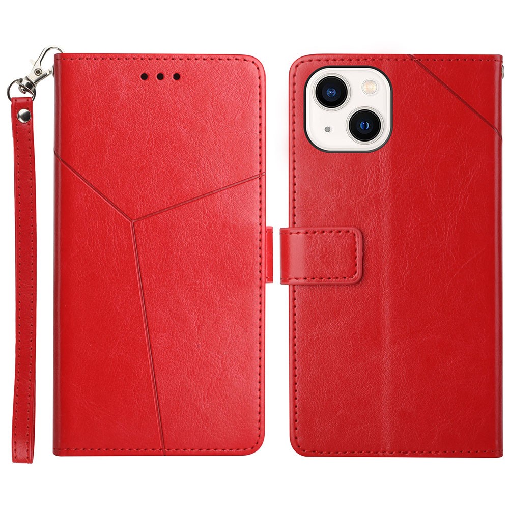 Shockproof PU Leather Phone Case Y-shaped Line Imprinting Wallet Shell Stand Cover for iPhone 13 mini 5.4 inch - Red