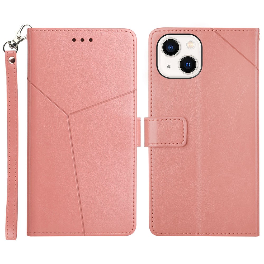 Shockproof PU Leather Phone Case Y-shaped Line Imprinting Wallet Shell Stand Cover for iPhone 13 mini 5.4 inch - Pink