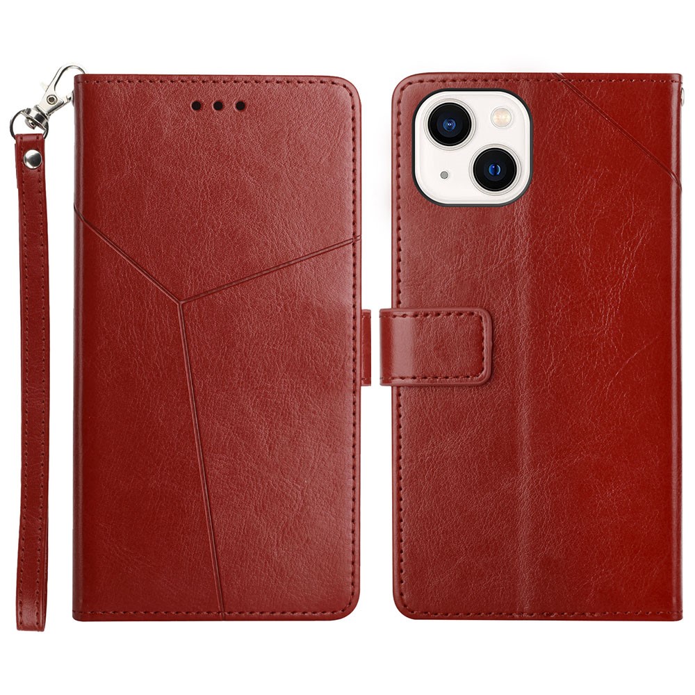 Shockproof PU Leather Phone Case Y-shaped Line Imprinting Wallet Shell Stand Cover for iPhone 13 mini 5.4 inch - Wine Red