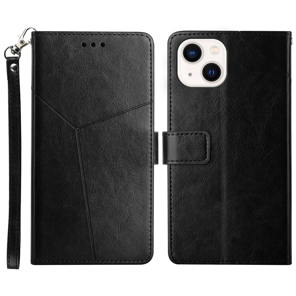PU Leather Phone Case Imprinting Stylish Y-shaped Line Wallet Shell Stand Cover for iPhone 13 6.1 inch - Black-1