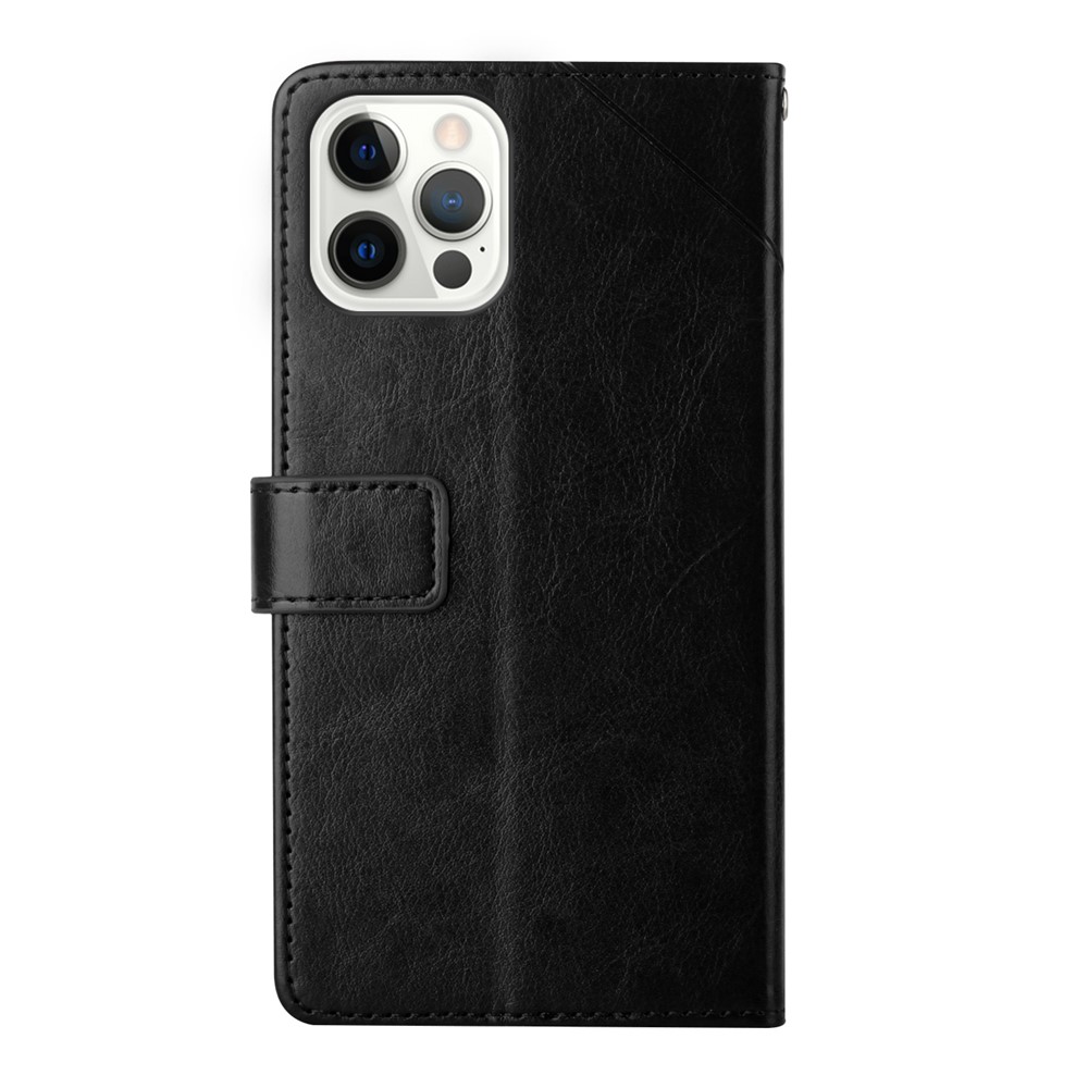 Scratch Resistant Stylish Y-shaped Line Imprinting PU Leather Phone Case Wallet Shell Stand Cover for iPhone 12 / 12 Pro 6.1 inch - Black-10