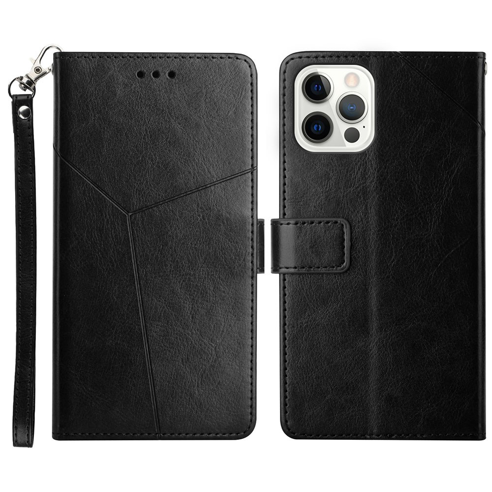 PU Leather Phone Case Stylish Y-shaped Line Imprinting Wallet Shell Stand Cover for iPhone 12 Pro Max 6.7 inch - Black-1