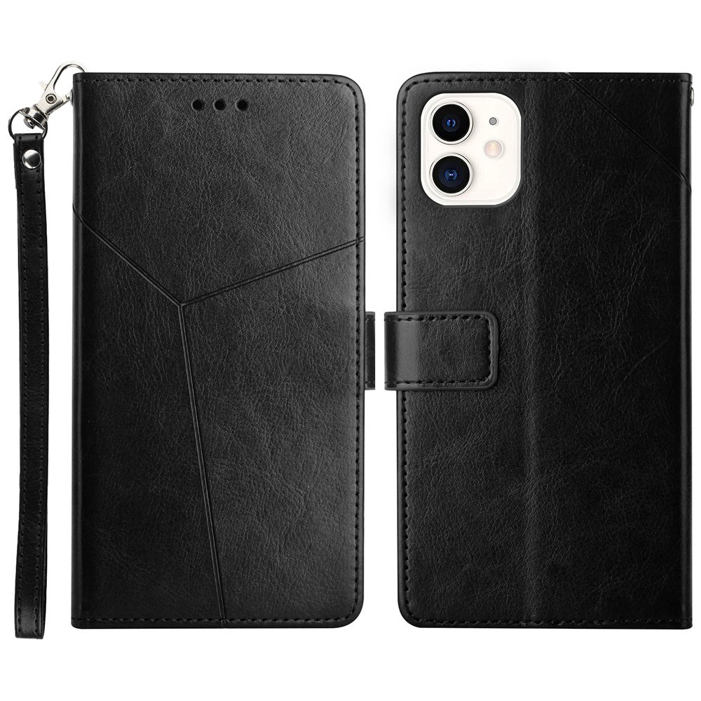 Y-shaped Line Imprinting Texture PU Leather Phone Case Stylish Wallet Shell Stand Cover for iPhone 12 mini 5.4 inch - Black-1