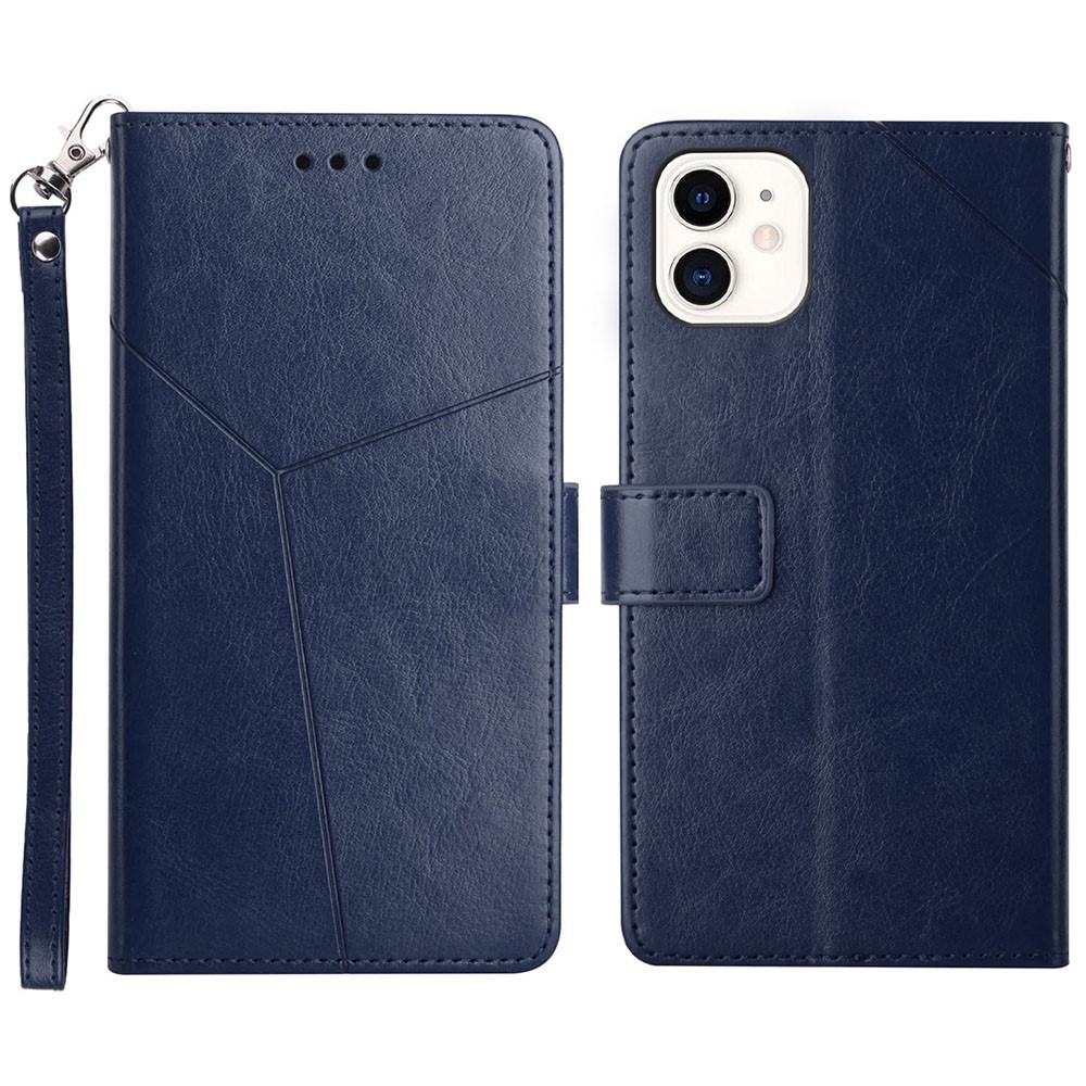 Y-shaped Line Imprinting Texture PU Leather Phone Case Stylish Wallet Shell Stand Cover for iPhone 12 mini 5.4 inch - Blue