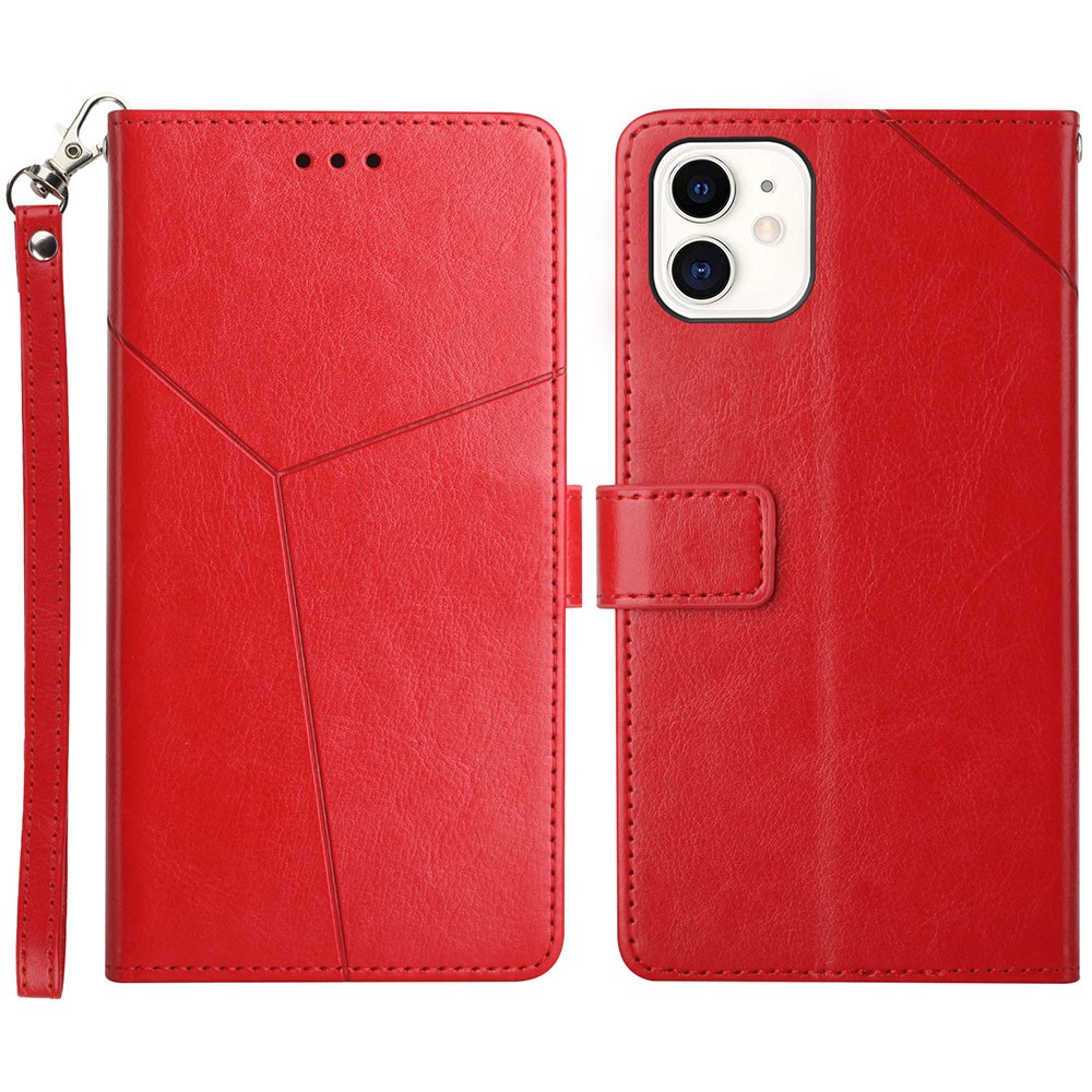 Y-shaped Line Imprinting Texture PU Leather Phone Case Stylish Wallet Shell Stand Cover for iPhone 12 mini 5.4 inch - Red