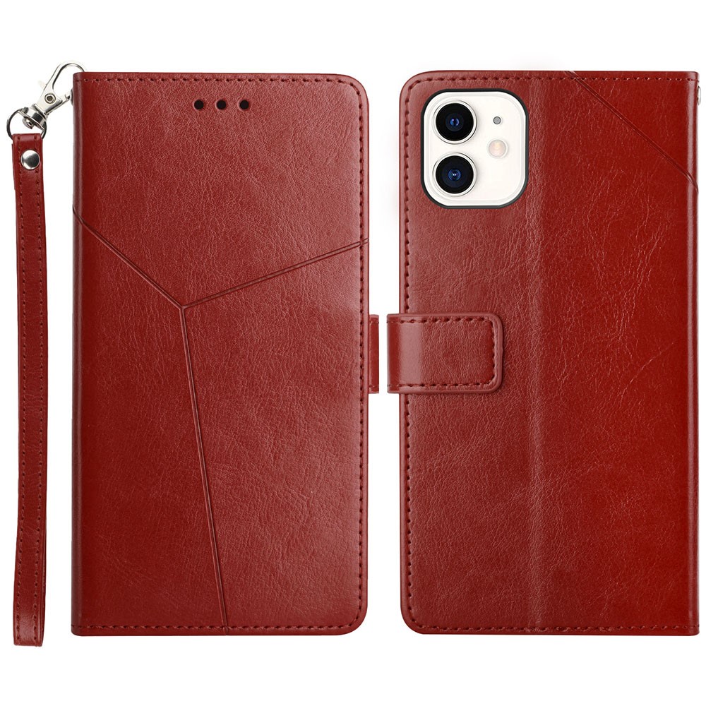 Y-shaped Line Imprinting Texture PU Leather Phone Case Stylish Wallet Shell Stand Cover for iPhone 12 mini 5.4 inch - Wine Red