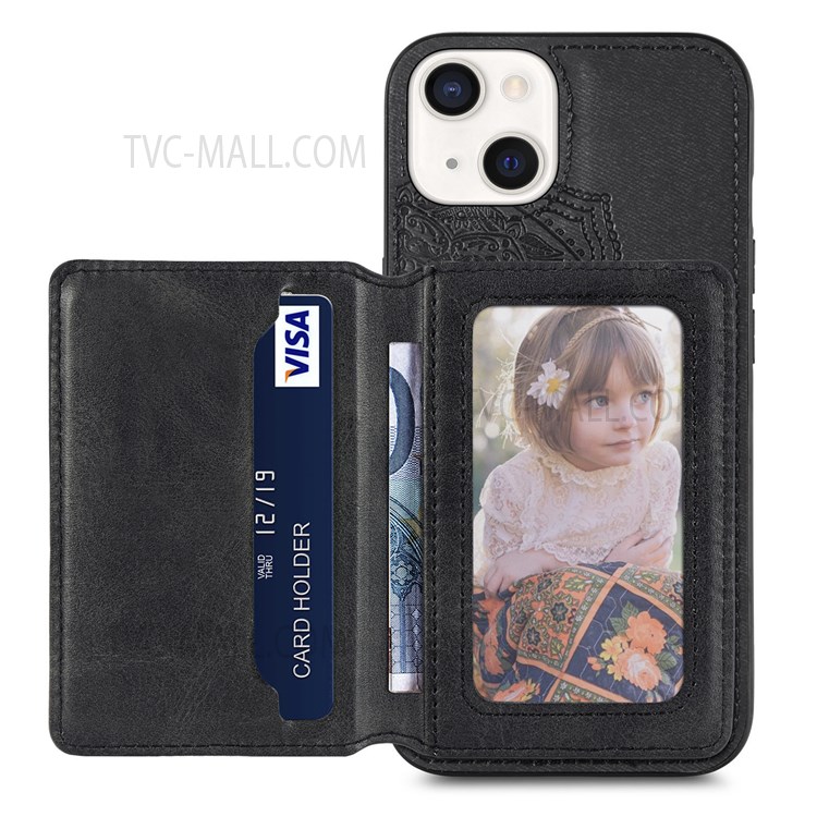 Imprinting Mandala Flower PU Leather Coated Kickstand Wallet Phone Shell Case for iPhone 13 6.1 inch - Black-1
