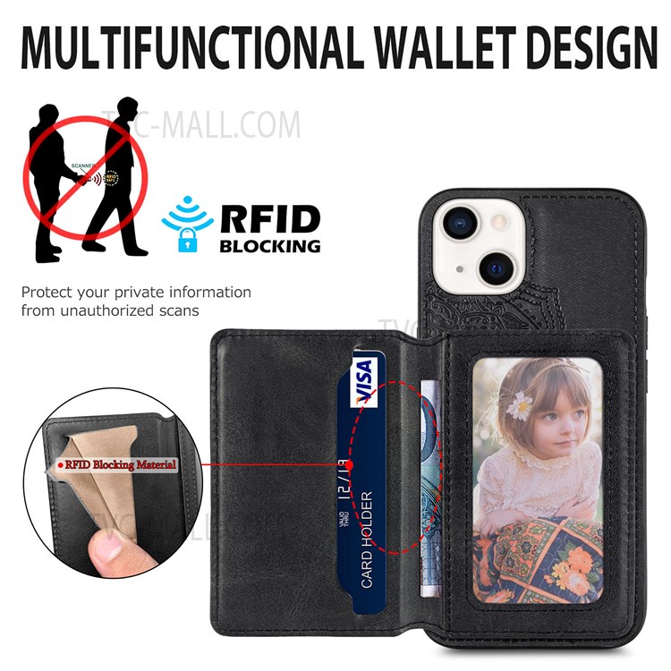 Imprinting Mandala Flower PU Leather Coated Kickstand Wallet Phone Shell Case for iPhone 13 6.1 inch - Black-4