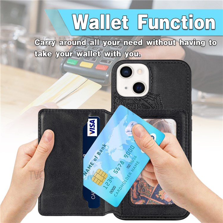 Imprinting Mandala Flower PU Leather Coated Kickstand Wallet Phone Shell Case for iPhone 13 6.1 inch - Black-5