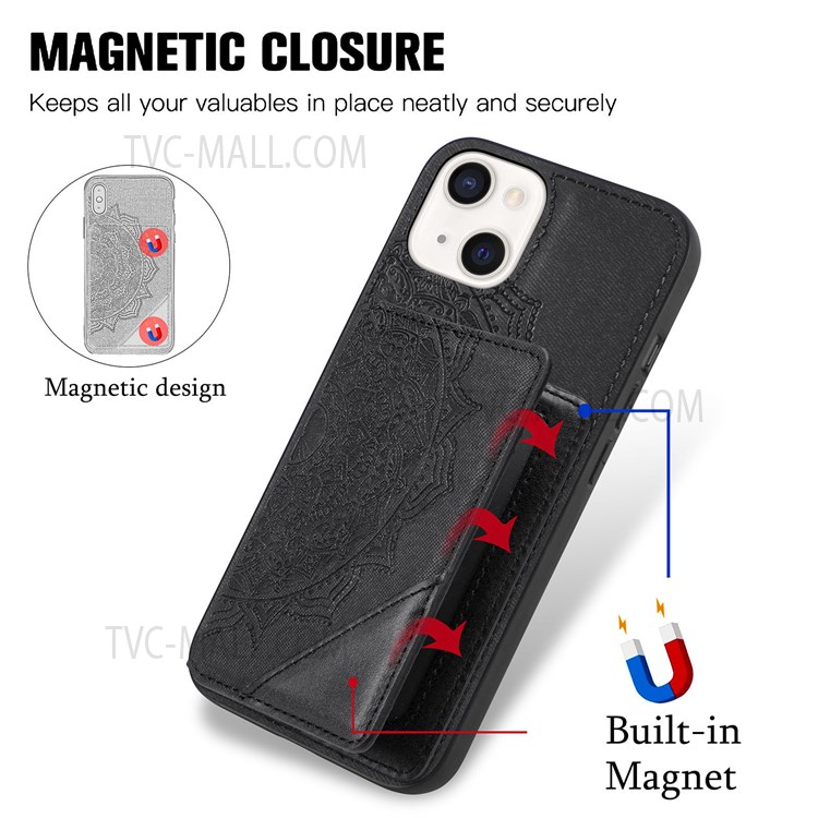Imprinting Mandala Flower PU Leather Coated Kickstand Wallet Phone Shell Case for iPhone 13 6.1 inch - Black-7