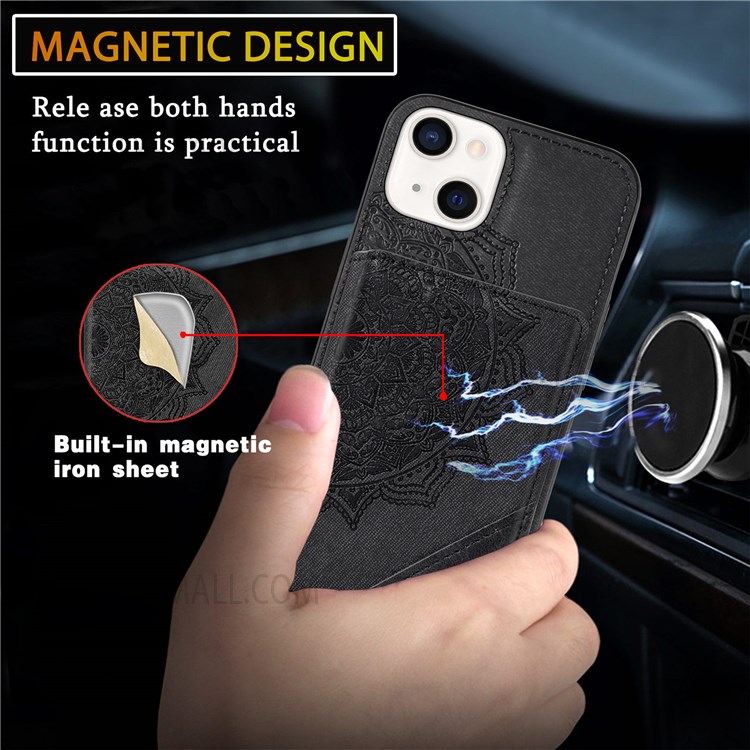 Imprinting Mandala Flower PU Leather Coated Kickstand Wallet Phone Shell Case for iPhone 13 6.1 inch - Black-8