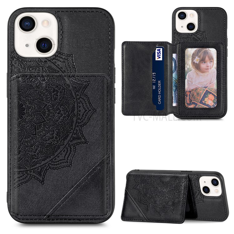 Imprinting Mandala Flower PU Leather Coated Kickstand Wallet Phone Shell Case for iPhone 13 6.1 inch - Black-9