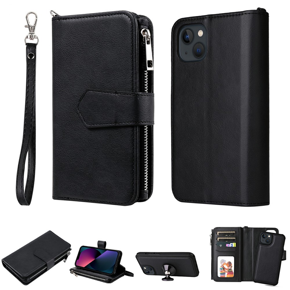 For iPhone 13 mini Magnetic Leather Case Mobile Cover with Detachable Zipper Wallet Strap - Black