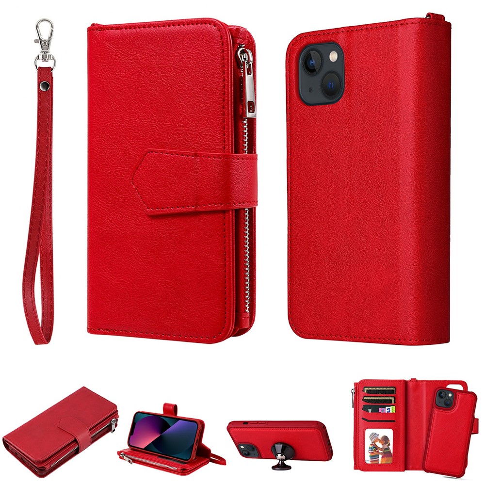 For iPhone 13 mini Magnetic Leather Case Mobile Cover with Detachable Zipper Wallet Strap - Red