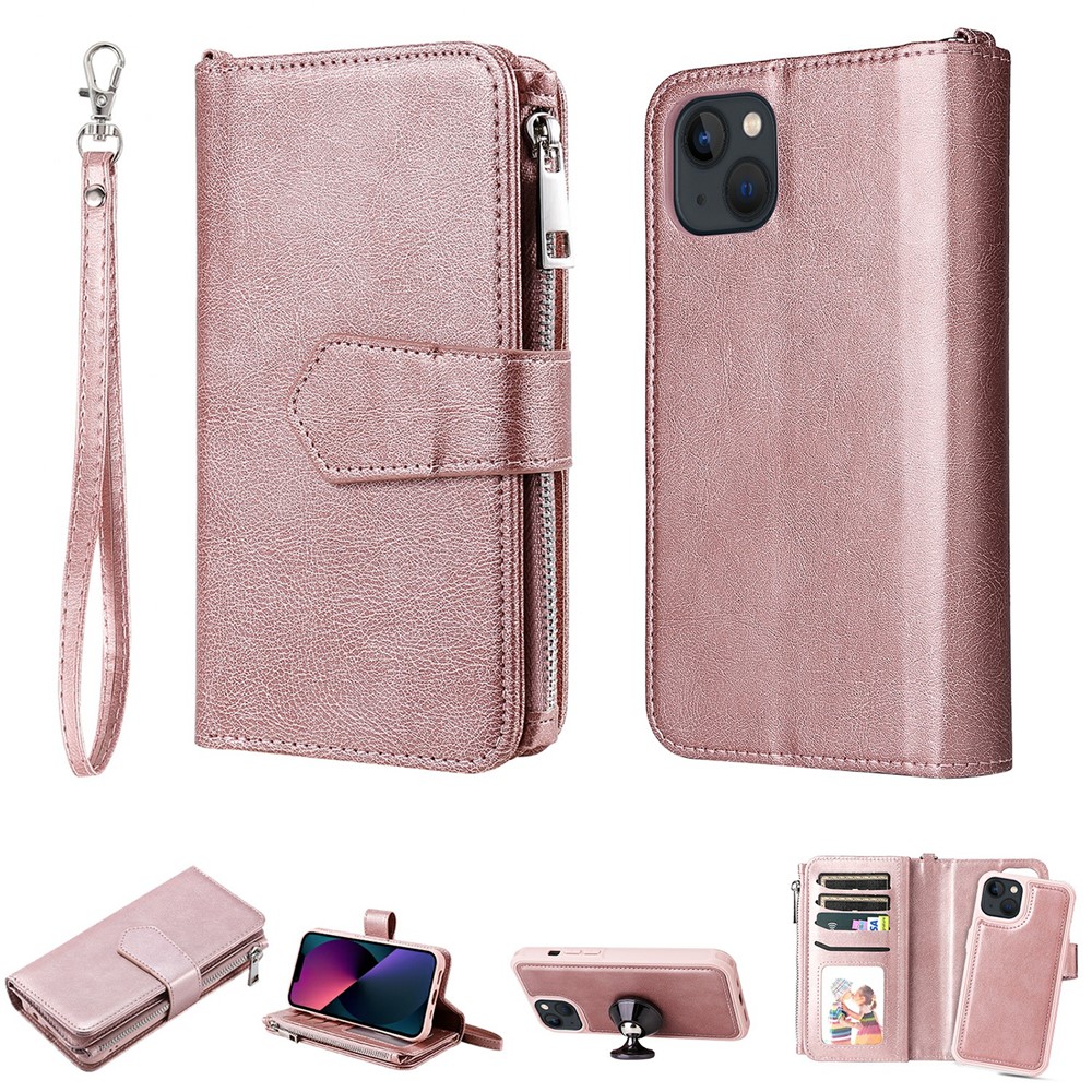 For iPhone 13 mini Magnetic Leather Case Mobile Cover with Detachable Zipper Wallet Strap - Rose Gold