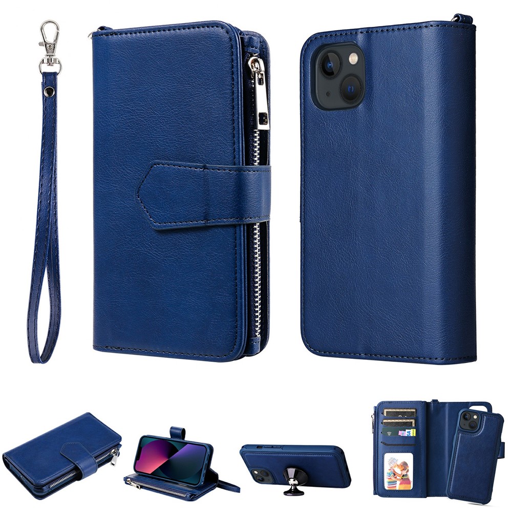 For iPhone 13 mini Magnetic Leather Case Mobile Cover with Detachable Zipper Wallet Strap - Blue