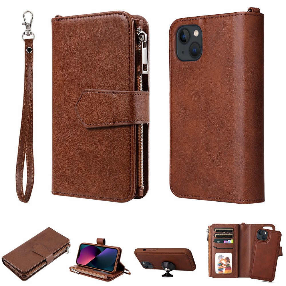 For iPhone 13 mini Magnetic Leather Case Mobile Cover with Detachable Zipper Wallet Strap - Brown