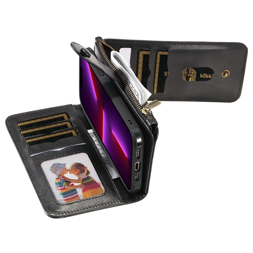 Detachable Inner Leather Coated Phone Case Vintage Style Horizontal/Vertical Flip Leather Shell with Pocket Design for iPhone 13 Pro 6.1 inch - Black-13
