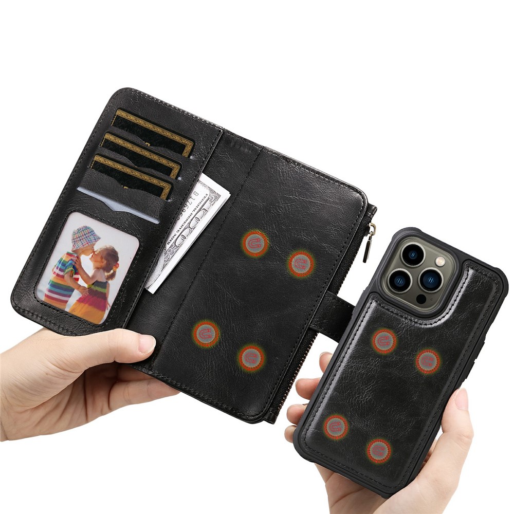 Detachable Inner Leather Coated Phone Case Vintage Style Horizontal/Vertical Flip Leather Shell with Pocket Design for iPhone 13 Pro 6.1 inch - Black-18