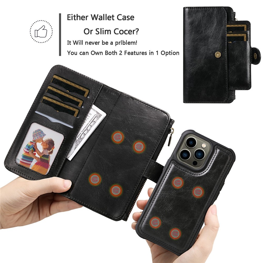 Detachable Inner Leather Coated Phone Case Vintage Style Horizontal/Vertical Flip Leather Shell with Pocket Design for iPhone 13 Pro 6.1 inch - Black-5
