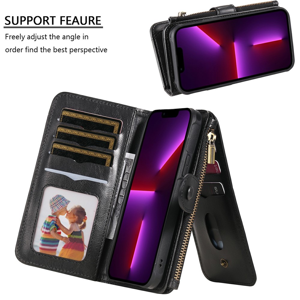 Detachable Inner Leather Coated Phone Case Vintage Style Horizontal/Vertical Flip Leather Shell with Pocket Design for iPhone 13 Pro 6.1 inch - Black-6