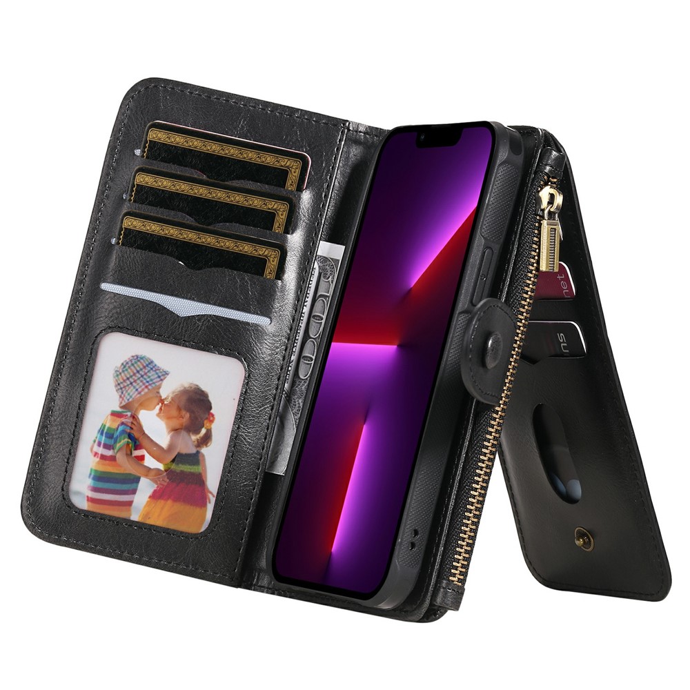 Multifunctional Zipper Pocket Wallet Design Horizontal/Vertical Flip PU Leather Cover Detachable Inner Phone Case for iPhone 13 Pro Max 6.7 inch - Black-12