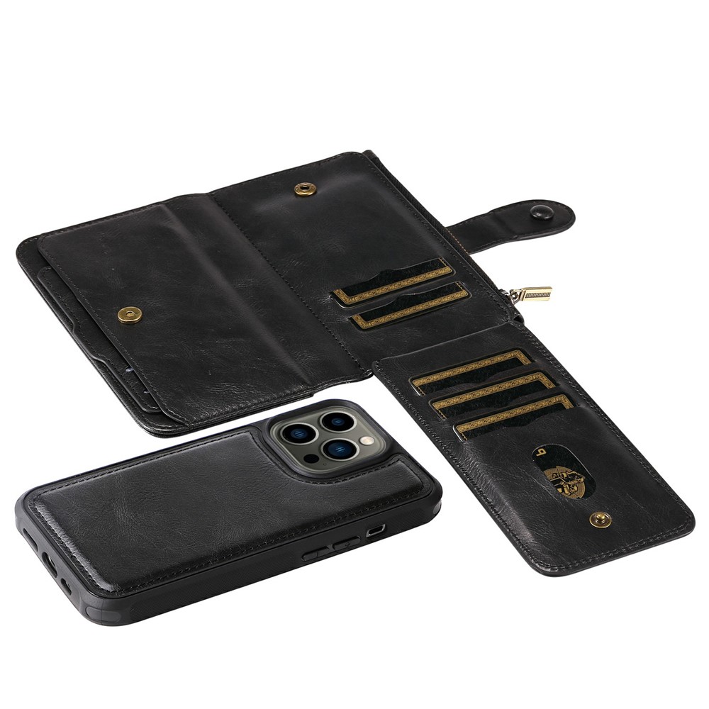 Multifunctional Zipper Pocket Wallet Design Horizontal/Vertical Flip PU Leather Cover Detachable Inner Phone Case for iPhone 13 Pro Max 6.7 inch - Black-16