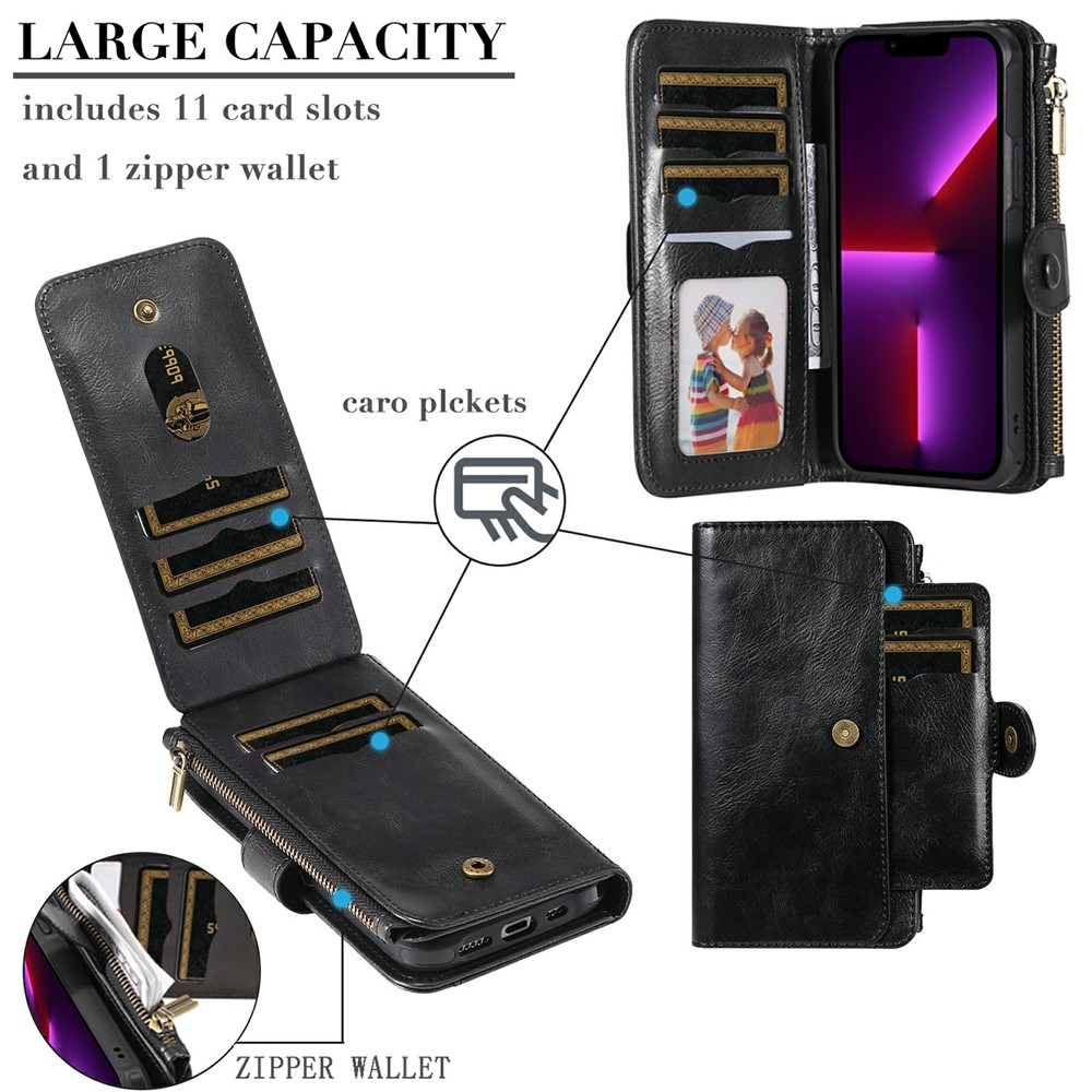 Multifunctional Zipper Pocket Wallet Design Horizontal/Vertical Flip PU Leather Cover Detachable Inner Phone Case for iPhone 13 Pro Max 6.7 inch - Black-7
