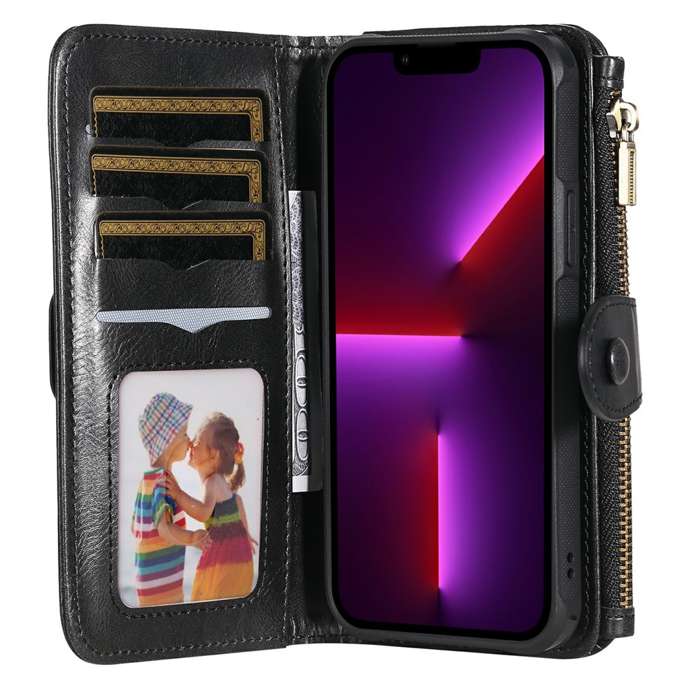 Multifunctional Zipper Pocket Wallet Design Horizontal/Vertical Flip PU Leather Cover Detachable Inner Phone Case for iPhone 13 Pro Max 6.7 inch - Black-9