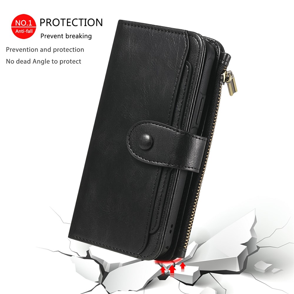 Multifunctional Large Capacity Zipper Pocket Leather Cover Detachable Magnetic Suction Phone Case with Built-in Metal Sheet for iPhone 13 6.1 inch - Black-10